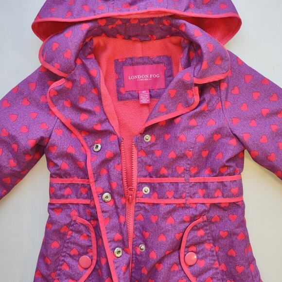 Girls 4T London Fog Hooded Jacket Coat Fleece Lined Pockets Purple & Pink Hearts - Picture 4 of 10